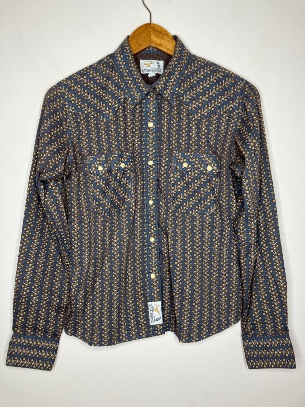 Panhandle Slim Women's M Western Snap Shirt Brown Blue Floral Retro Long